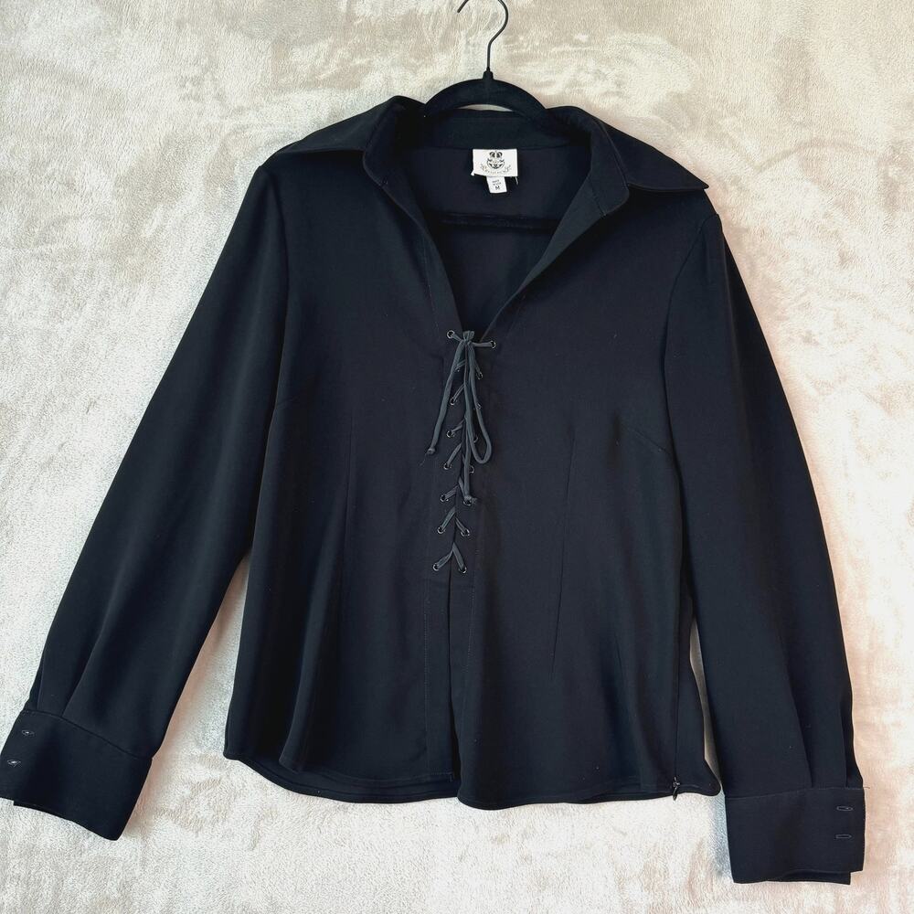 Vintage Renfrew Top Womens Medium Black Whimsigoth Fairy 90s Y2K Tie Up Blouse